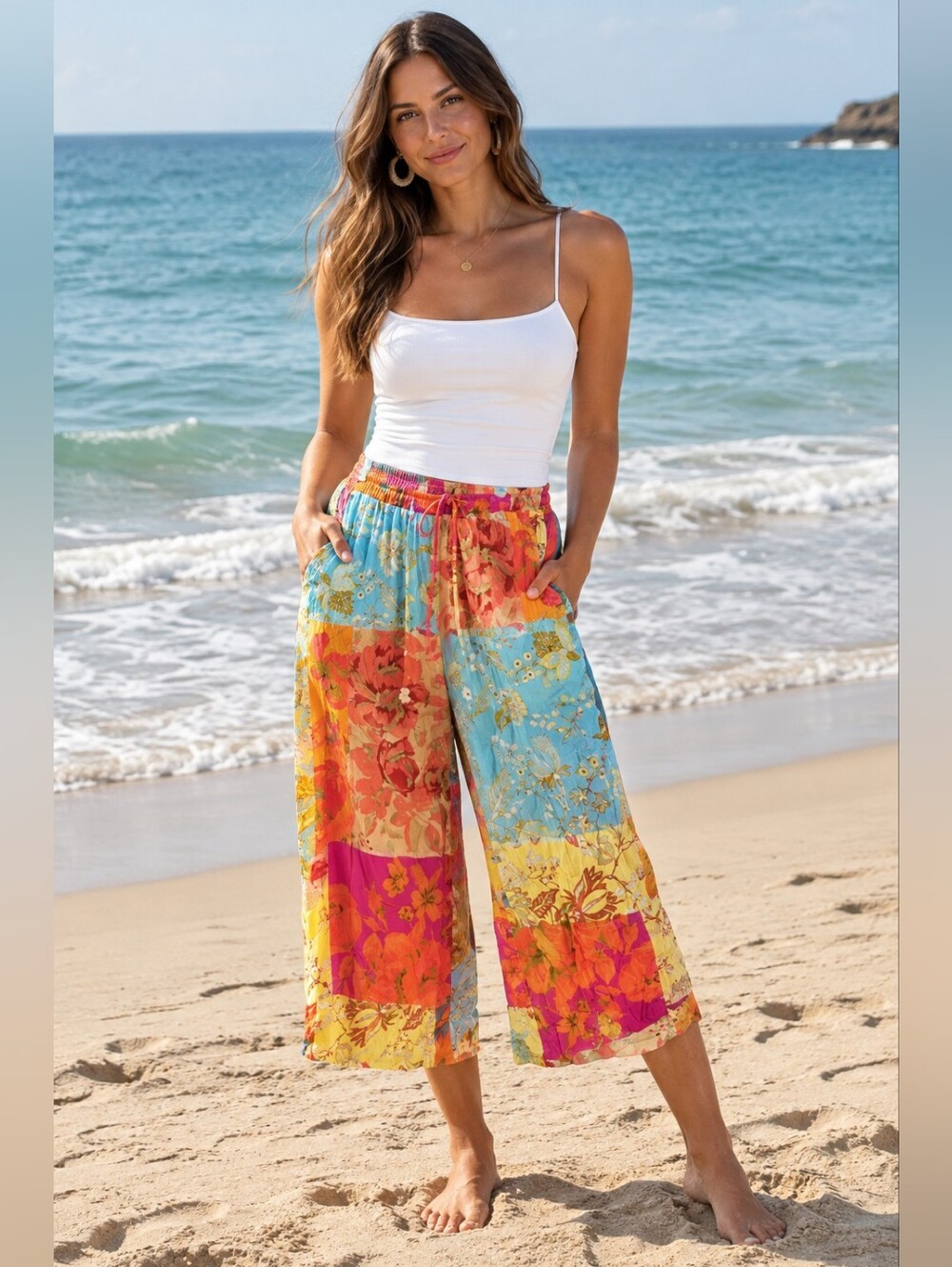 Colorblock Floral Wide-Leg Pants - Multicolor